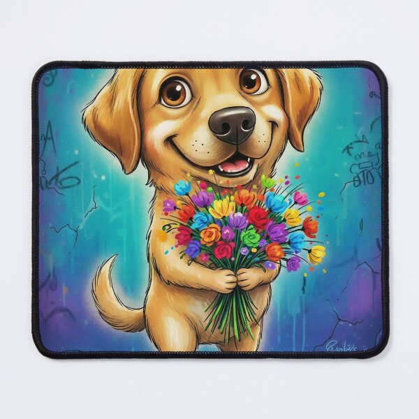 Item preview, Cute Labrador Holding Colorful Flowers – Adorable Cartoon Lab Dog Art with Graffiti Background designed and sold by Pixel Pout.