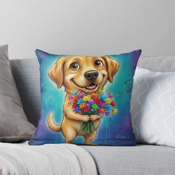 Item preview, Cute Labrador Holding Colorful Flowers – Adorable Cartoon Lab Dog Art with Graffiti Background designed and sold by Pixel Pout.