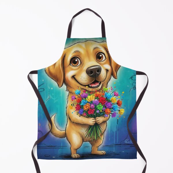 Item preview, Cute Labrador Holding Colorful Flowers – Adorable Cartoon Lab Dog Art with Graffiti Background designed and sold by Pixel Pout.