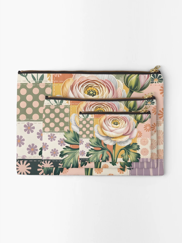 Thumbnail 2 of 4, Zipper Pouch, White Ranunculus Patchwork designed and sold by JessArty.