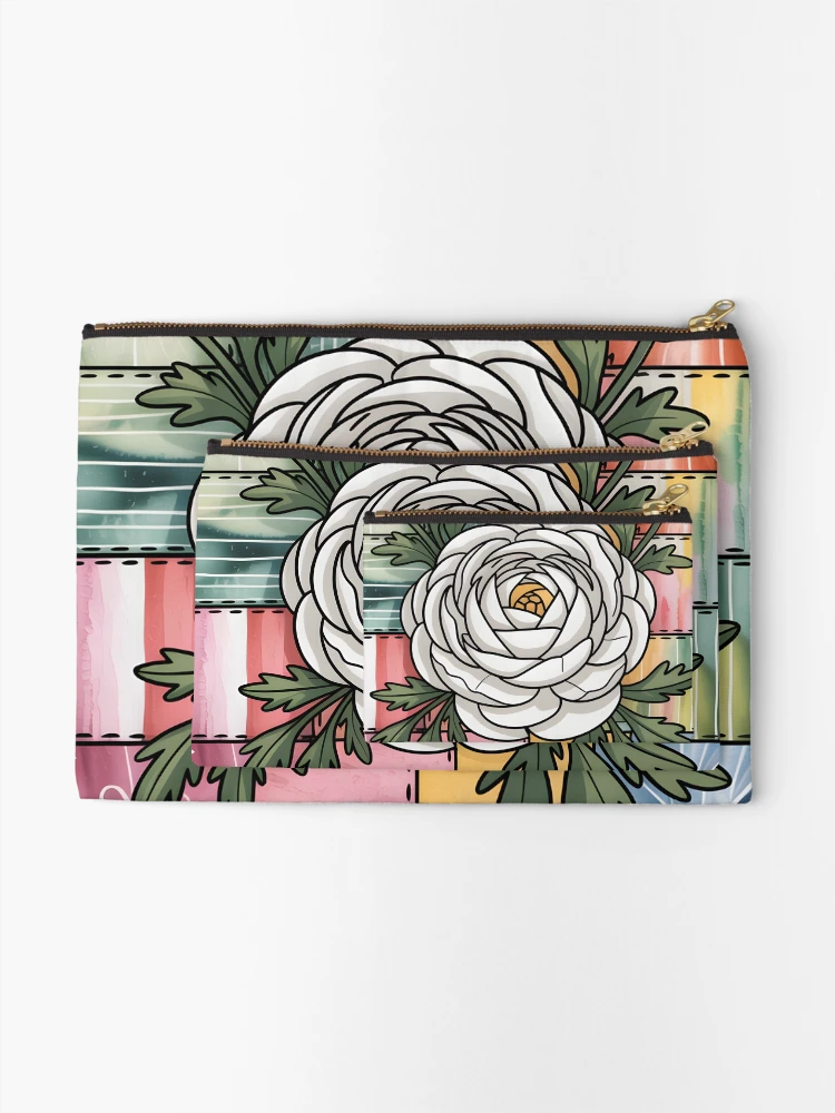 Thumbnail 2 of 4, Zipper Pouch, White Ranunculus Patchwork designed and sold by JessArty.