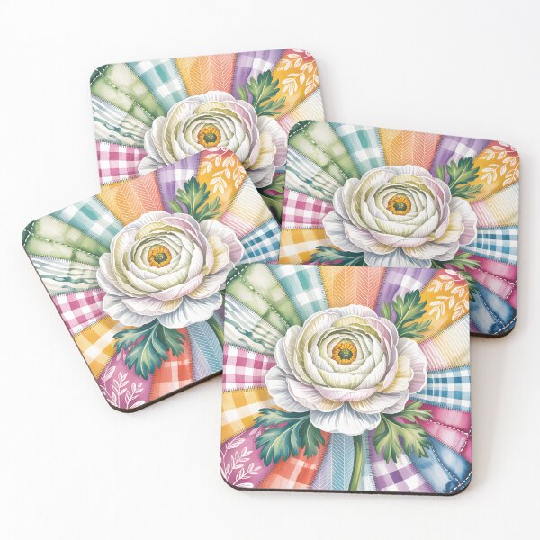 Item preview, White Ranunculus  - Colorful Patchwork Art designed and sold by JessArty ⭐⭐⭐⭐⭐.