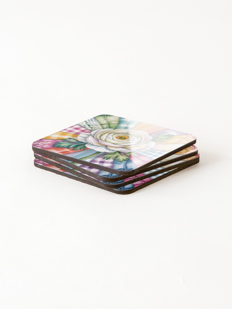 Thumbnail 4 of 5, Coasters (Set of 4), White Ranunculus - Colorful Patchwork Art designed and sold by jessarty.