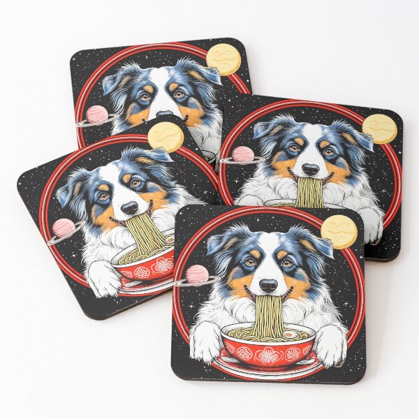 Artikelvorschau, Chinesischer Australian Shepherd isst Nudeln. Hund isst Ramen. Australian Shepherd isst Spaghetti. entworfen und verkauft von PeasyEasy.