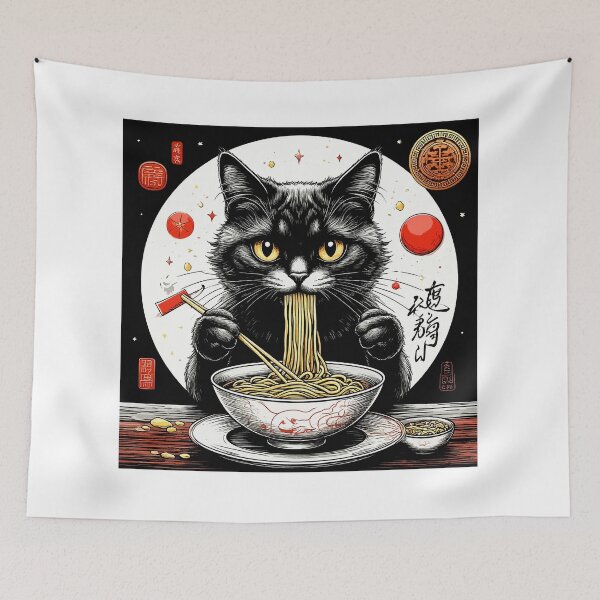 Item preview, Chinese Cat Eats Noodles. Chinese Food. Japanese Food. Funny Kitten designed and sold by PeasyEasy.