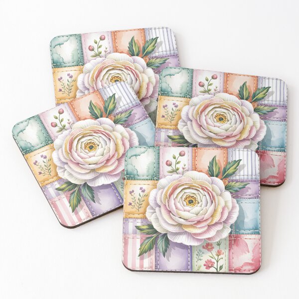 Item preview, White Ranunculus  - White Ranunculus Patchwork Floral Art designed and sold by JessArty ⭐⭐⭐⭐⭐.