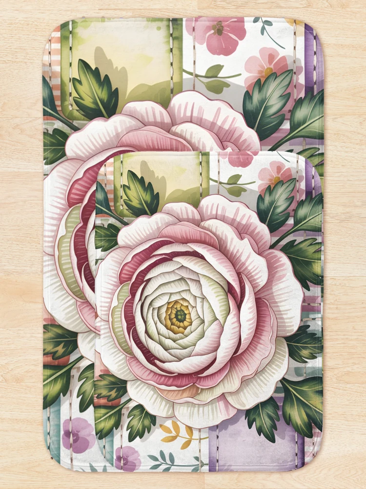 Thumbnail 5 of 6, Bath Mat, White Ranunculus - Patchwork Botanical designed and sold by JessArty.