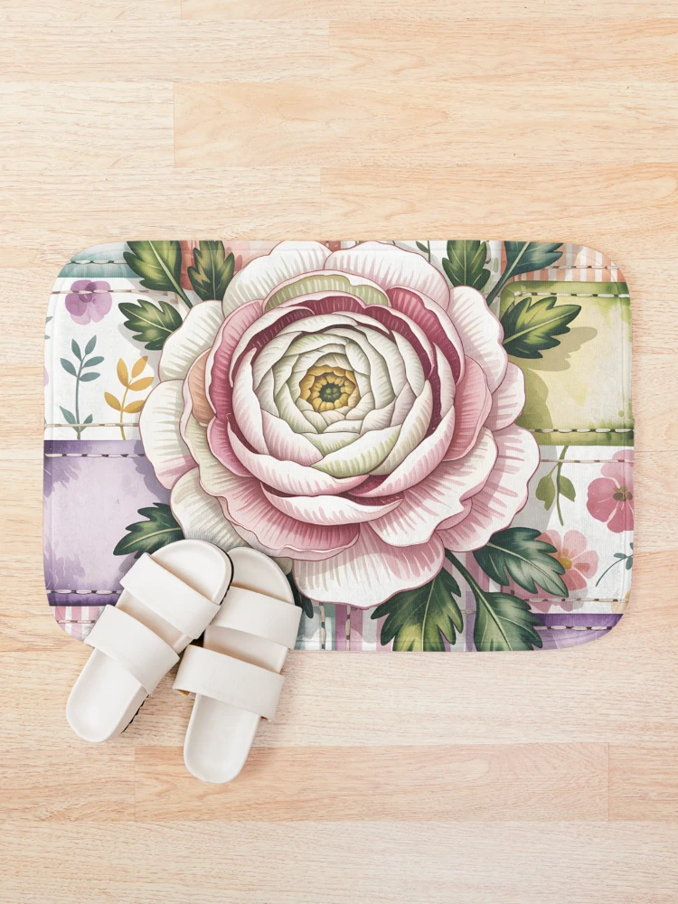 Thumbnail 1 of 6, Bath Mat, White Ranunculus - Patchwork Botanical designed and sold by JessArty.