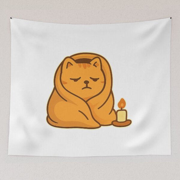Item preview, Sad Cozy Cat – Orange Kitty Wrapped in Blanket with Candle designed and sold by MeowLaugh.