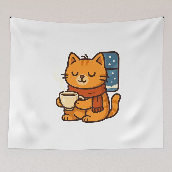 Item preview, Winter Coffee Cat – Cozy Orange Kitty with Scarf and Mug designed and sold by MeowLaugh.