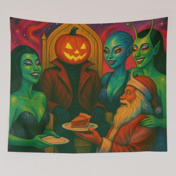 Item preview, Headless Horseman Holiday Banquet: Santa and Aliens Share Pie in Cosmic Style designed and sold by TheHorsemanRidesAgain.