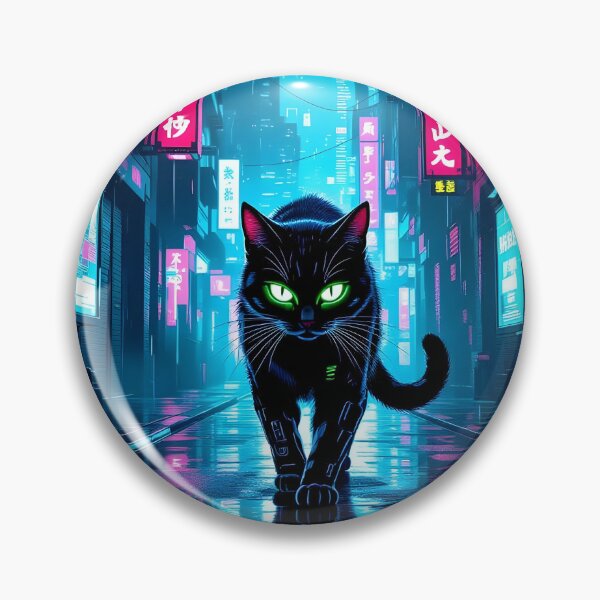 Item preview, Black Cyberpunk Cat In Neon Rainy City designed and sold by Wiss2Arts.