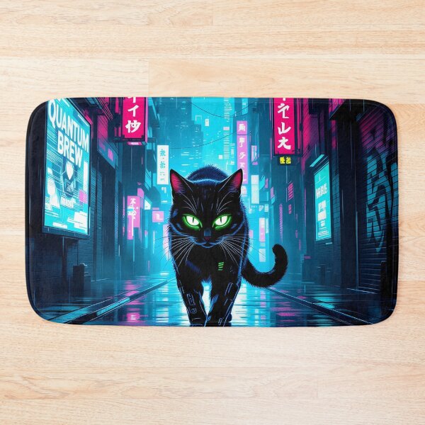 Item preview, Black Cyberpunk Cat In Neon Rainy City designed and sold by Wiss2Arts.