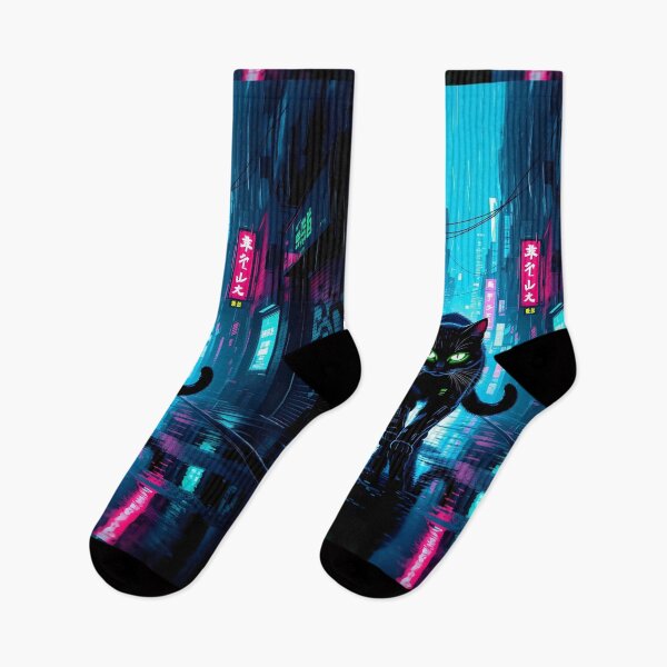 Item preview, Black Cyberpunk Cat In Neon Rainy City designed and sold by Wiss2Arts.