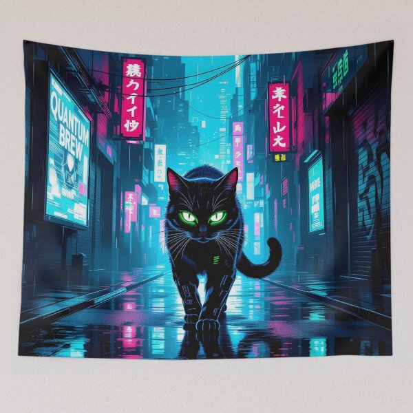 Item preview, Black Cyberpunk Cat In Neon Rainy City designed and sold by Wiss2Arts.