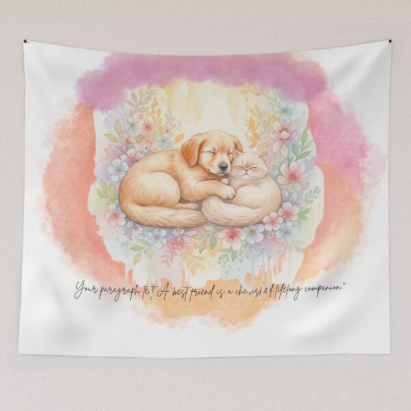 Item preview, dog and cat, watercolor animals, floral art, cute pets, cozy illustration, pastel flowers, vintage watercolor, designed and sold by Artdesign17.