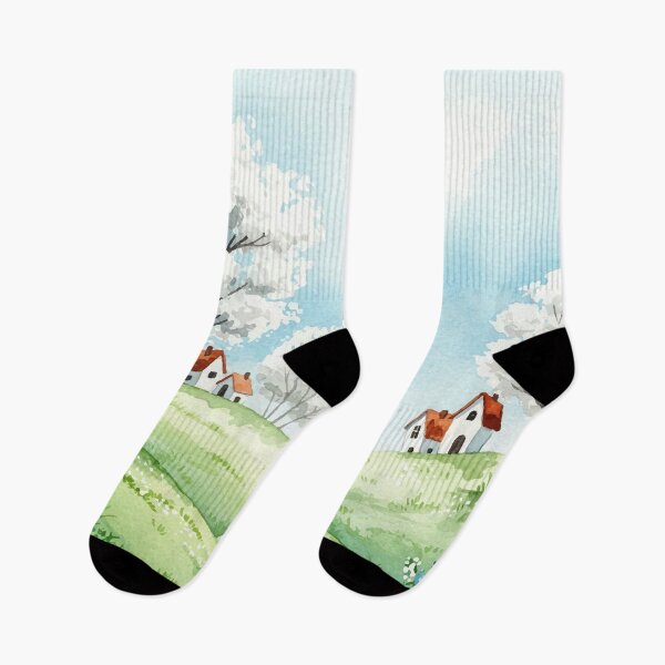 Item preview, Watercolor landscape with houses and trees designed and sold by Design4uStudio.
