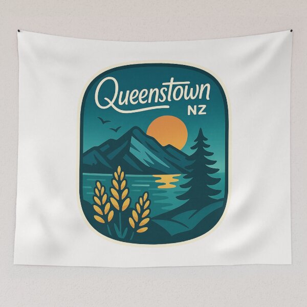 Item preview, Queenstown NZ Sunset Mountains Lake Badge designed and sold by Places On Earth.