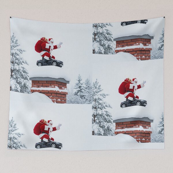 Item preview, Santa on the Chimney – Realistic Christmas Scene with Car and Snowy Winter Landscape designed and sold by PixelVibe782.
