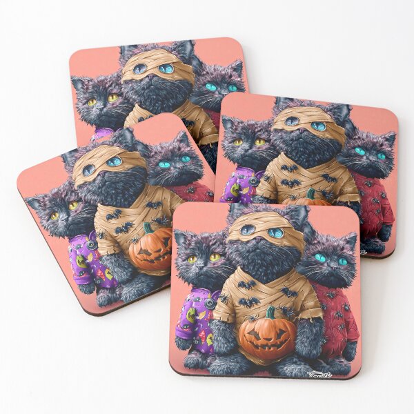 Item preview, Black Cats in Halloween Costumes – Adorable Mummy Kittens with Pumpkins and Spooky Background designed and sold by Grafititee.