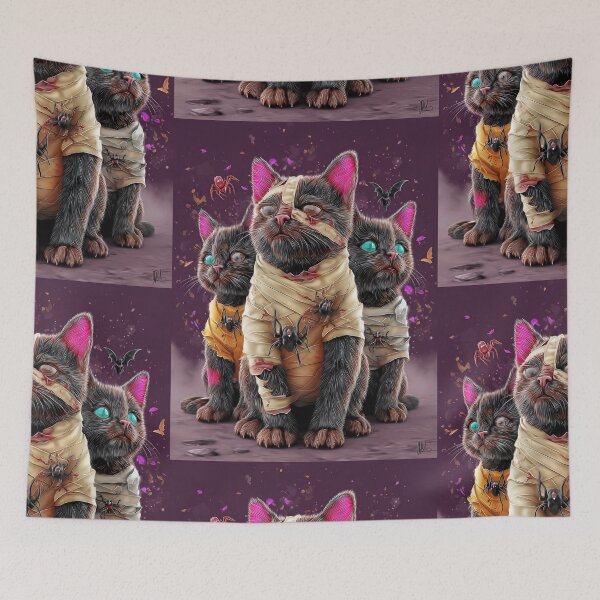 Item preview, Black Cats in Halloween Costumes – Adorable Mummy Kittens with Pumpkins and Spooky Background designed and sold by Grafititee.
