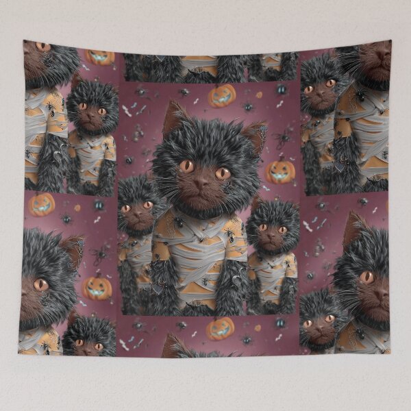 Item preview, Black Cats in Halloween Costumes – Adorable Mummy Kittens with Pumpkins and Spooky Background designed and sold by Grafititee.