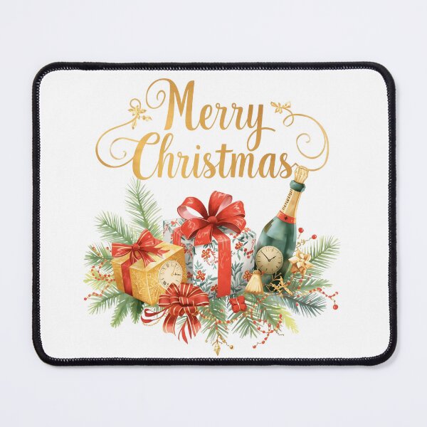 Item preview, Merry Christmas banner design with champagne and gift box on light gray horizontal background with golden and silver confetti. Lettering can be used for invitations, signs, announcements designed and sold by PWDigitalArt.
