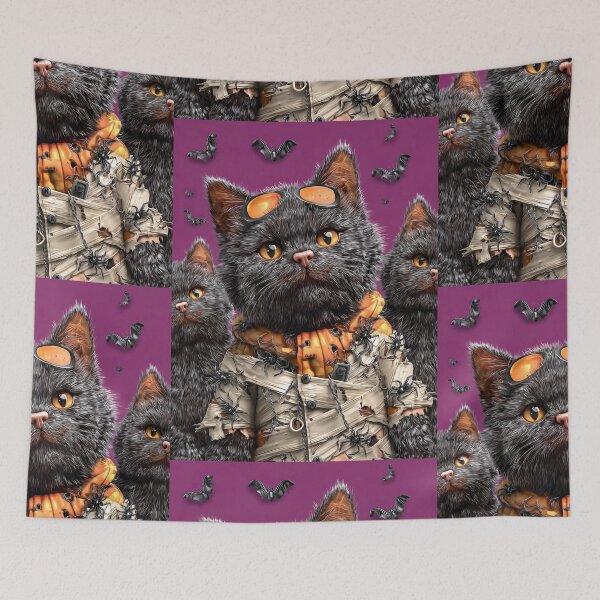 Item preview, Black Cats in Halloween Costumes – Adorable Mummy Kittens with Pumpkins and Spooky Background designed and sold by Grafititee.