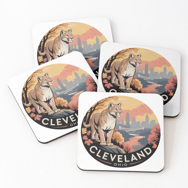 Item preview, Cleveland Ohio Cougar Autumn Skyline | Retro Urban Wildlife Illustration designed and sold by CircinusStore.