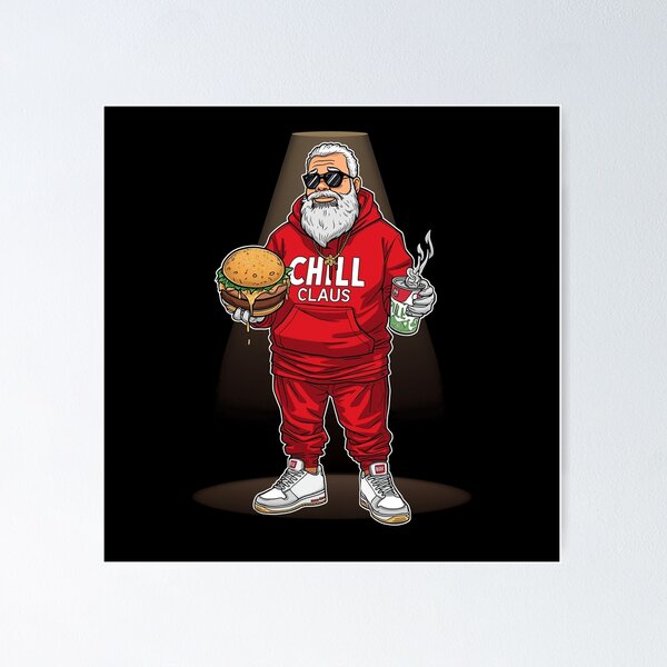 Aperçu de l'œuvre Chill Claus Burger Feast – Cool Santa with Burger and Coffee Streetwear Christmas Art créée et vendue par PLUSHIWORLDtm.