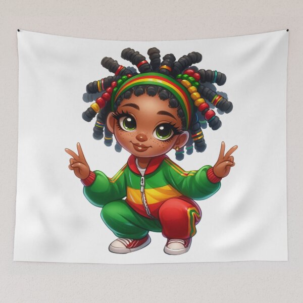 Aperçu de l'œuvre Dessin d'une jolie fille | Cheveux afro ornés de perles et survêtement rasta créée et vendue par Lulunza.