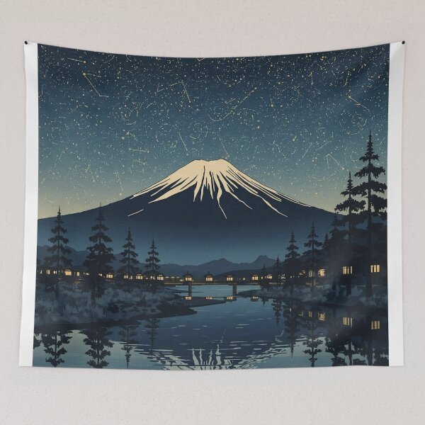 Item preview, Starry Night over Mount Fuji – Ukiyo-e Japanese Woodblock Landscape in Indigo and Gold designed and sold by Vandy Fullam.