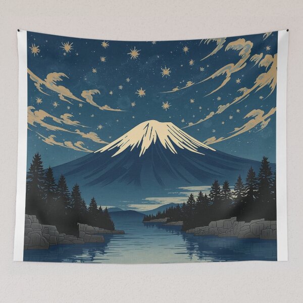 Item preview, Moonlit Fuji and River Stars – Japanese Ukiyo-e Night Landscape in Sumi-e Ink Wash designed and sold by Vandy Fullam.
