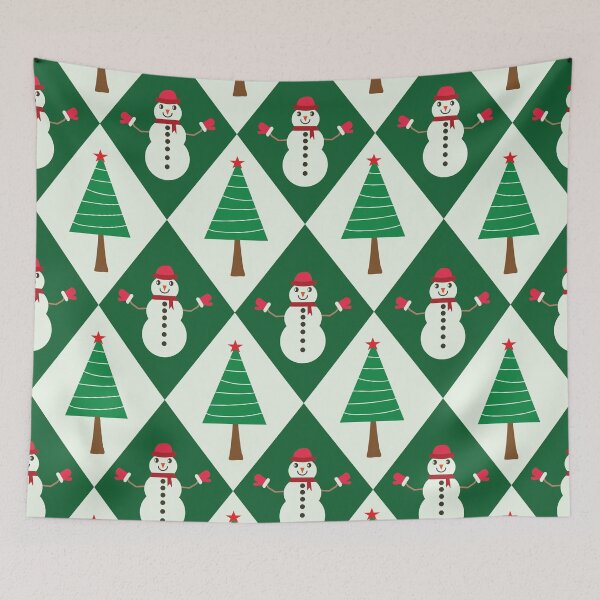 Item preview, Snowman And Christmas Trees On Green white Diamonds pattern  designed and sold by Yasminepatterns .