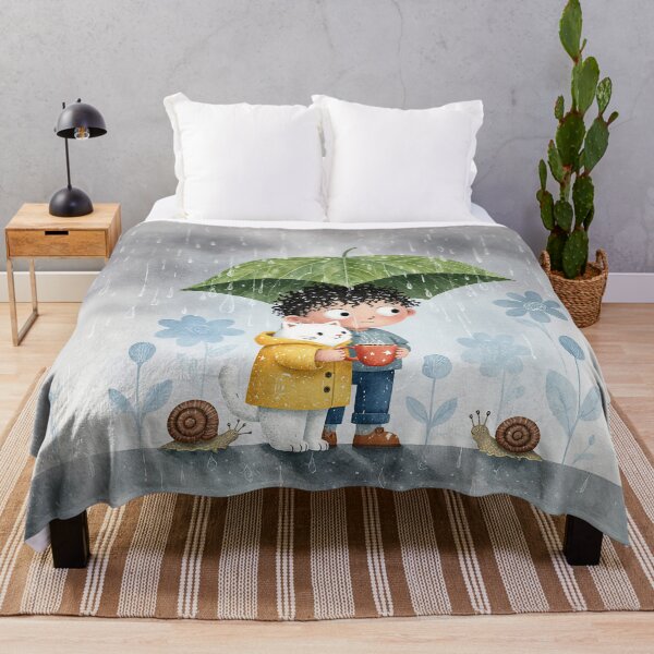 Item preview, Rainy Day Friends – Boy and Cat Under a Leaf Umbrella Illustration designed and sold by Whimsical Hug.