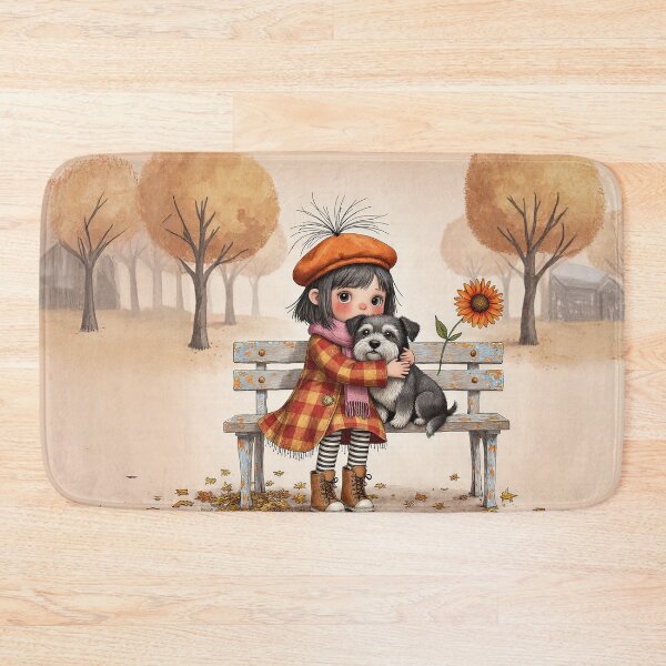 Item preview, Autumn Hug – Girl and Puppy on a Park Bench Illustration designed and sold by Whimsical Hug.