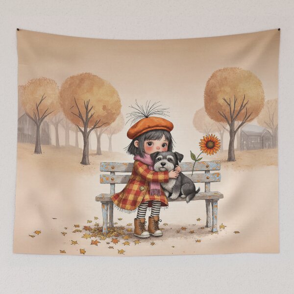 Item preview, Autumn Hug – Girl and Puppy on a Park Bench Illustration designed and sold by Whimsical Hug.
