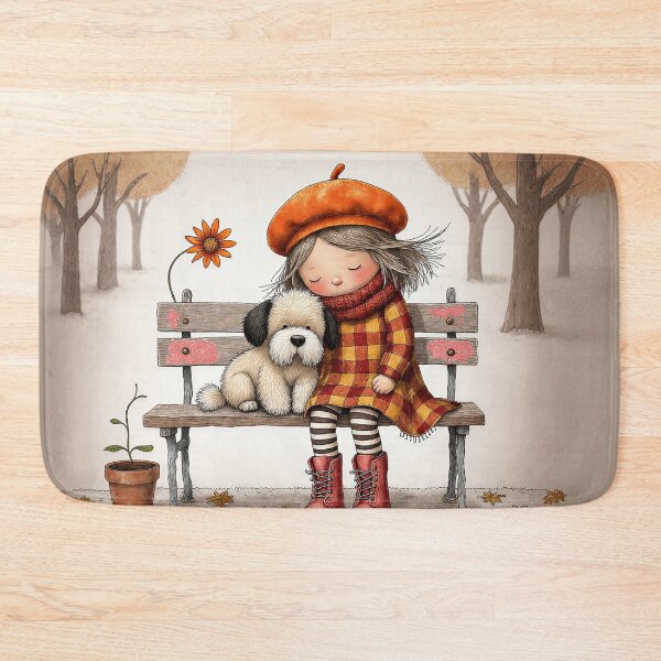 Item preview, Autumn Dreams – Girl and Dog Resting on a Bench Illustration designed and sold by Whimsical Hug.