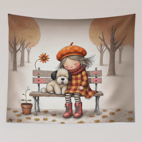 Item preview, Autumn Dreams – Girl and Dog Resting on a Bench Illustration designed and sold by Whimsical Hug.