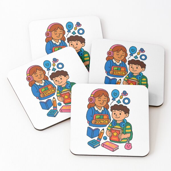 Item preview, Back to school kids holding books and lunch items with colorful educational icons, AI generated designed and sold by dvoevnore.