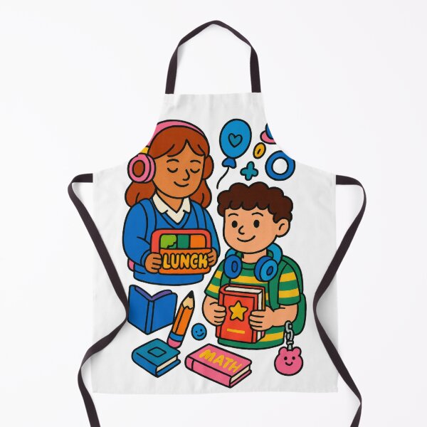 Item preview, Back to school kids holding books and lunch items with colorful educational icons, AI generated designed and sold by dvoevnore.