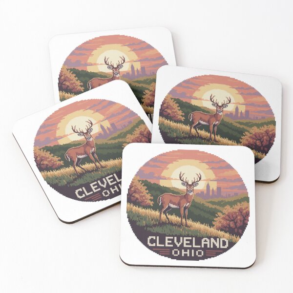 Item preview, Cleveland Ohio Deer Sunset | Retro Pixel Art Skyline Illustration designed and sold by CircinusStore.