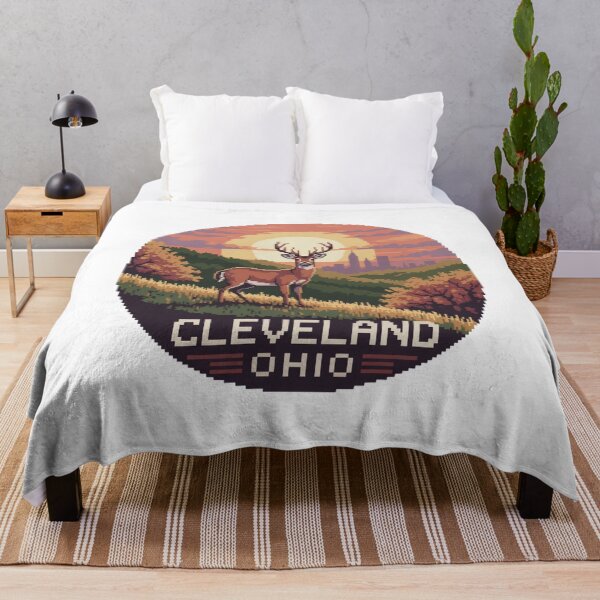 Item preview, Cleveland Ohio Deer Sunset | Retro Pixel Art Skyline Illustration designed and sold by CircinusStore.