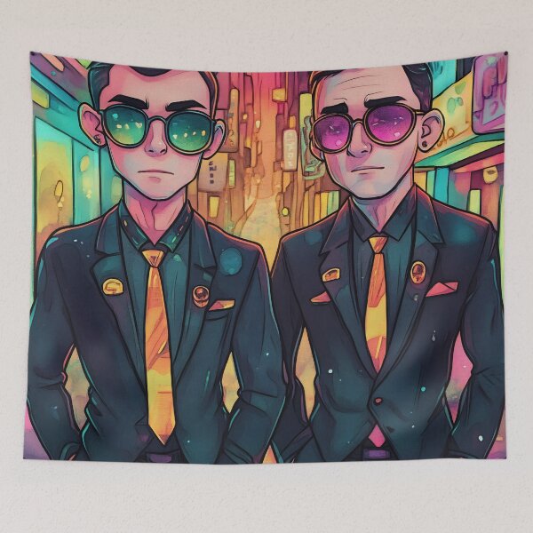 Item preview, Two stylish individuals wearing sunglasses walk through a vibrant neon-lit street in a bustling city at night designed and sold by anytka.