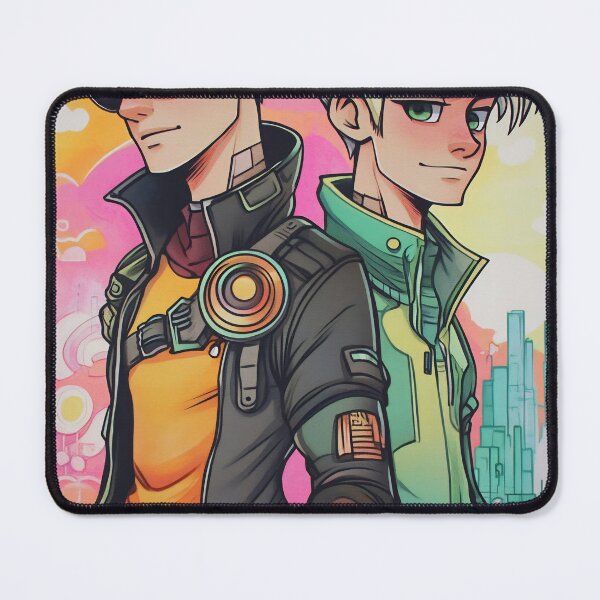 Item preview, Two stylish young men stand back to back, showcasing a vibrant cityscape backdrop with bold colors and modern attire designed and sold by anytka.