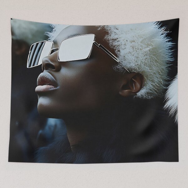 Item preview, A model showcases striking white hair and bold sunglasses with stylish flair against a dark backdrop in an urban fashion setting designed and sold by anytka.