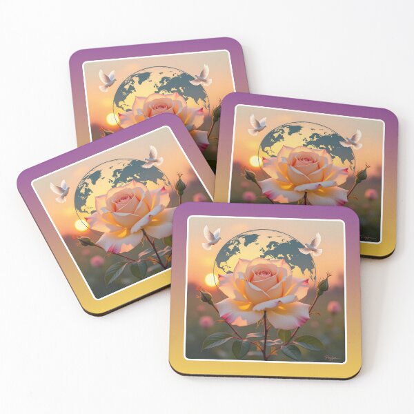 Artikelvorschau, Friedliche Blüte: Wandbild mit goldener Rose, Tauben und Weltkarte im Sonnenuntergang entworfen und verkauft von worldtrendsshop.