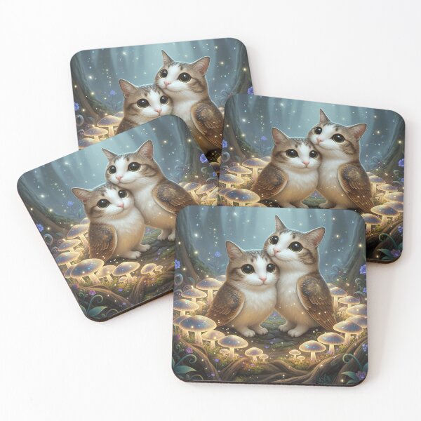 Item preview, Two Meowls in Glowing Mushroom Ring – Magical Forest Companions, designed and sold by jetaiart.