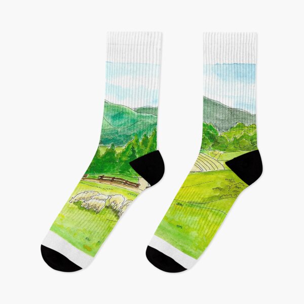 Item preview, Sunny Pastoral Meadow with Sheep and Farmhouse - Watercolor Landscape Art designed and sold by Green2711.