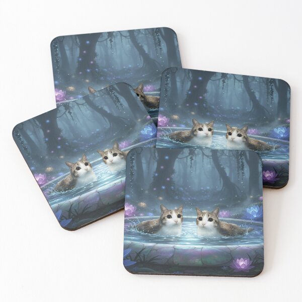 Item preview, two Meowls in Luminous Pond – Dreamlike Fantasy Scene designed and sold by jetaiart.